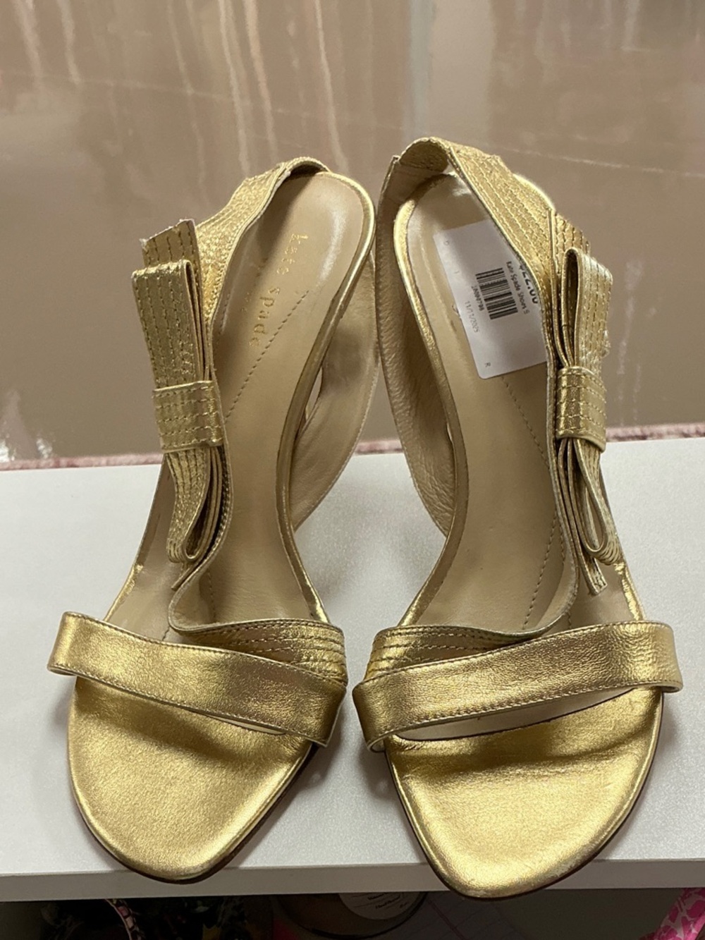 kate spade Metallic Gold Open-Toe Heels with Bow Accent
